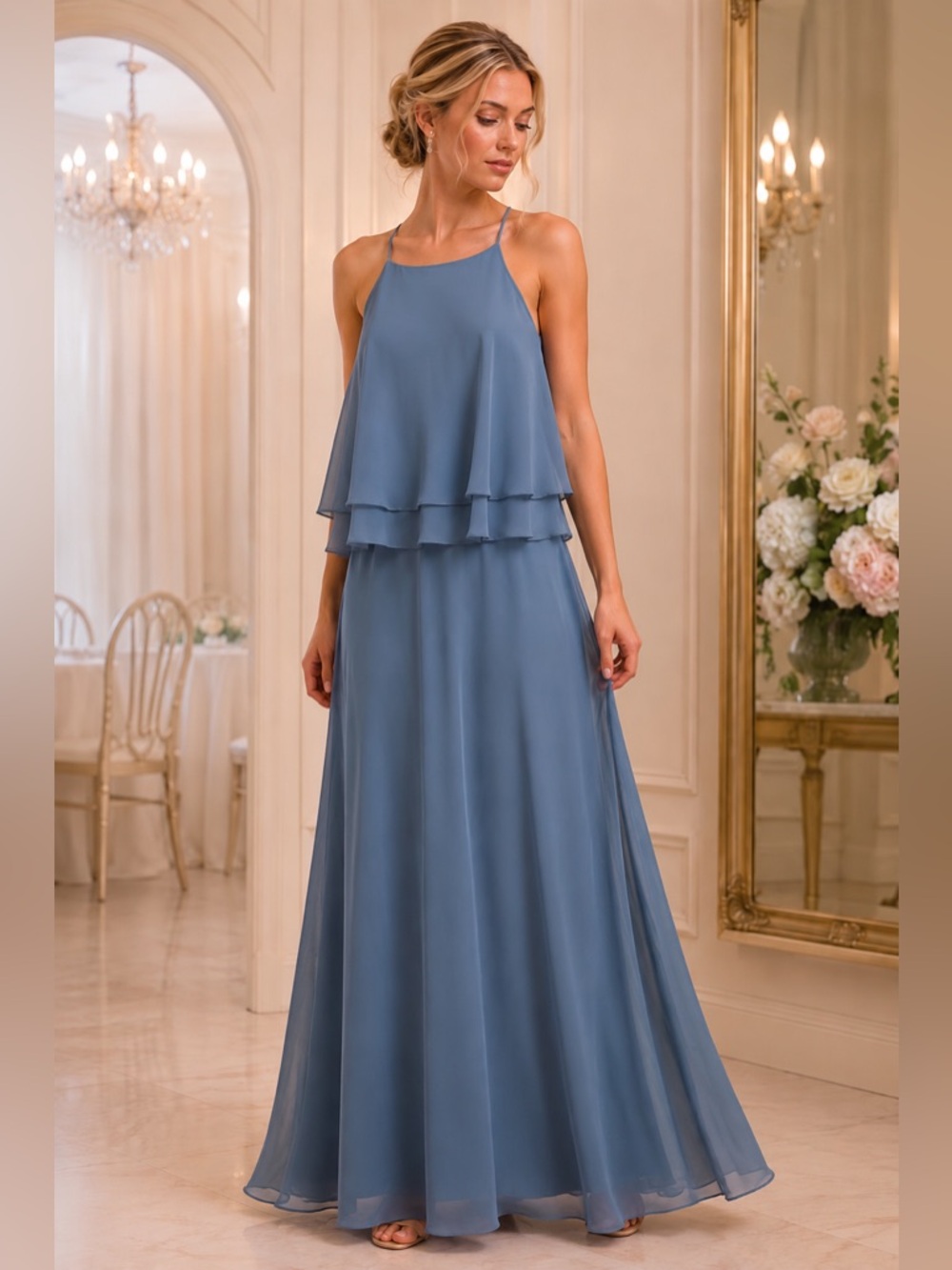 Bill Levkoff Dusty Blue Layered Chiffon Halter Evening Gown